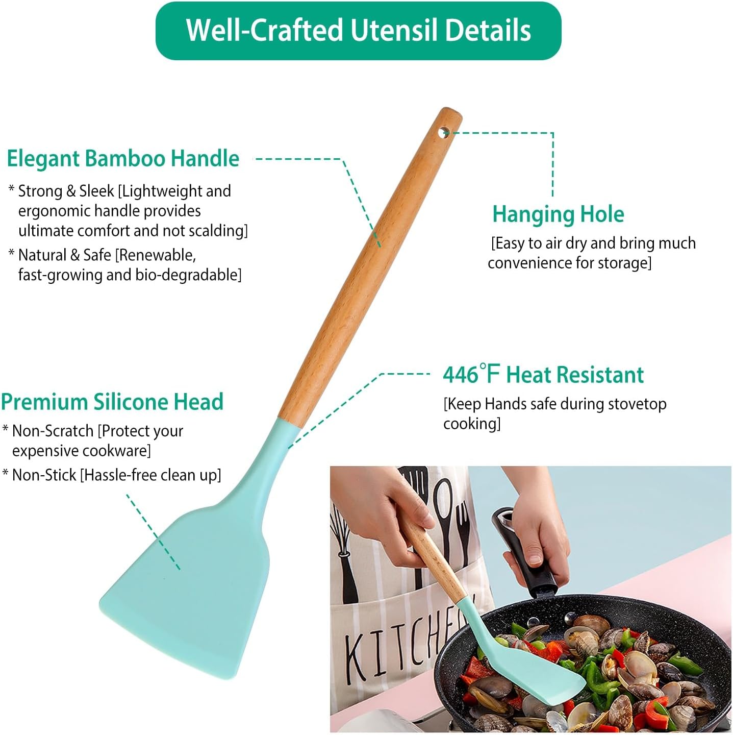11 Piece Silicone Kitchen Utensil Set with Holder Heat Resistant Non Stick Cooking Tools with Wooden Handles Spatula Spoon Pasta Server Tongs Whisk Brush Black (Mint Green)