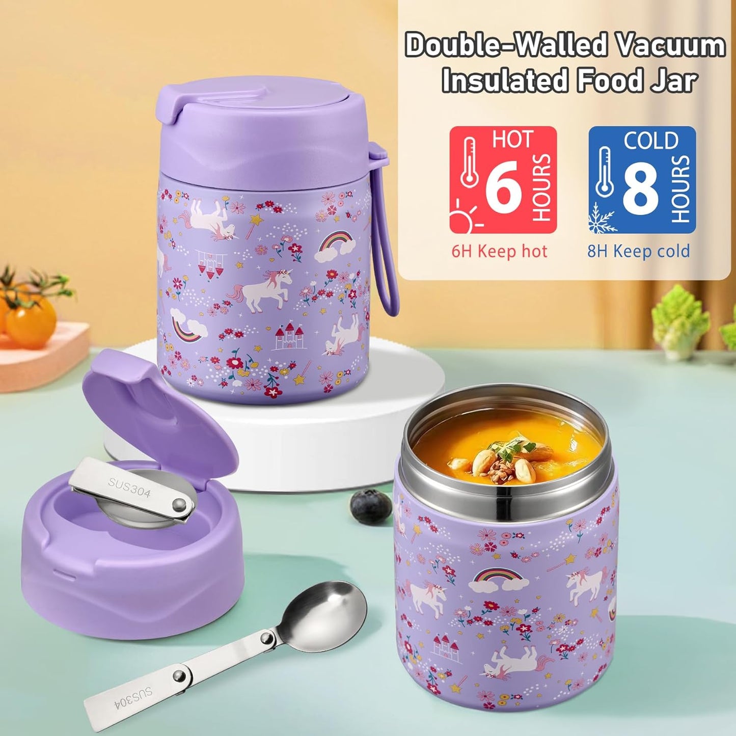 Bento Lunch Box for Kids with 17oz Soup Thermo,Insulated Tumbler Water Bottle and Insulated Lunch Bag,Leak-Proof 3 Compartment Lunch Food Container with Ice Pack for Kids to School-Horse