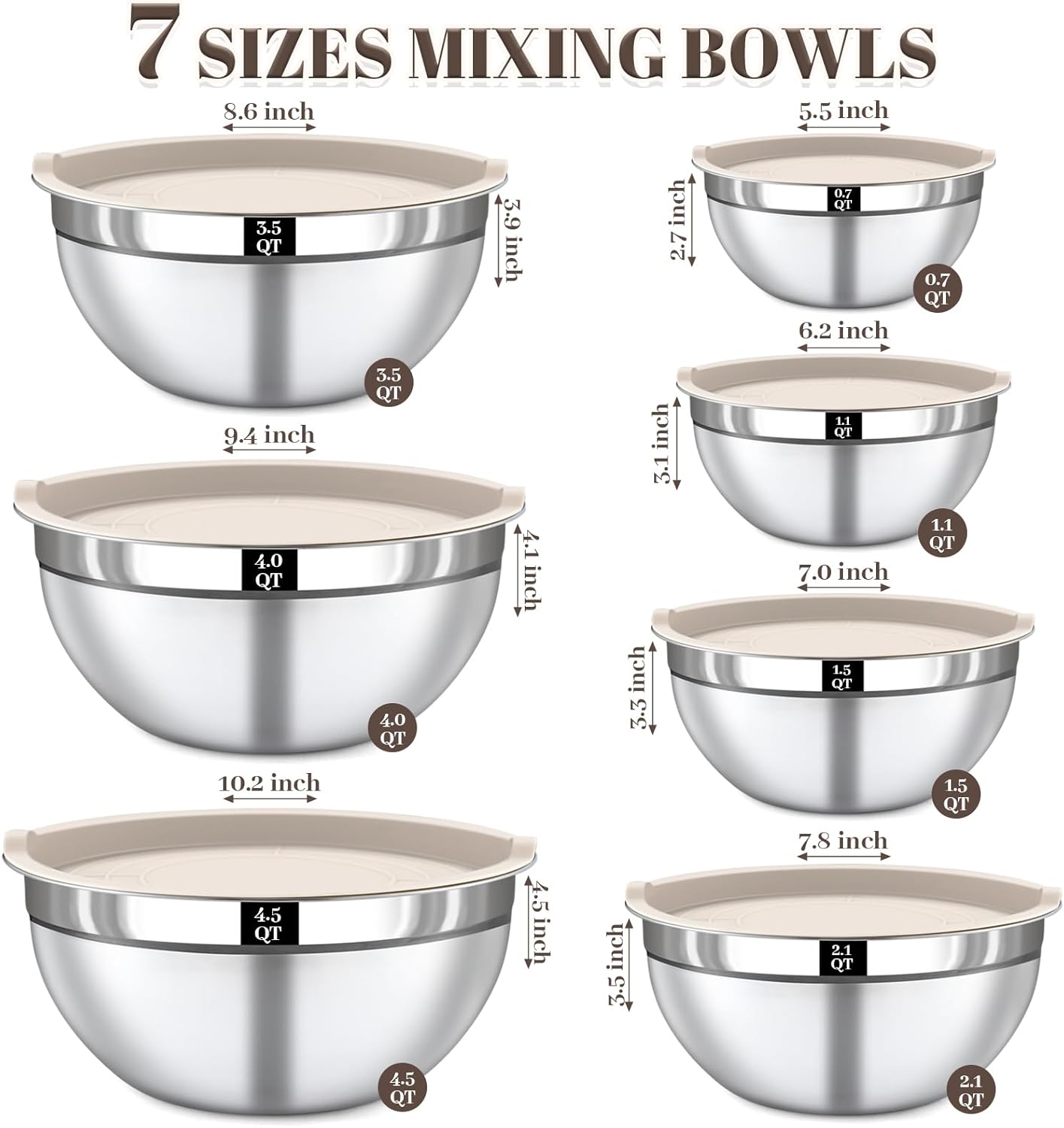 21PCS Mixing Bowls with Lids Set - 7 Nesting Mixing Bowls, 3 Graters, 11 Baking Tools, Lids, Stainless Steel Mixing Bowl for Mixing & Baking, Size 0.7/1.1/1.5/2.1/3.5/4/4.5 QT, Colorful