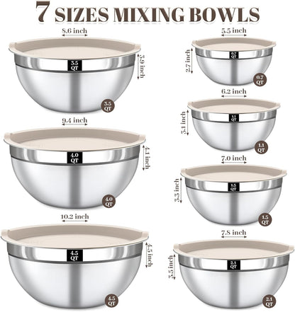 21PCS Mixing Bowls with Lids Set - 7 Nesting Mixing Bowls, 3 Graters, 11 Baking Tools, Lids, Stainless Steel Mixing Bowl for Mixing & Baking, Size 0.7/1.1/1.5/2.1/3.5/4/4.5 QT, Colorful