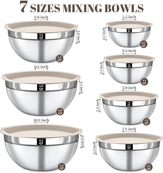 21PCS Mixing Bowls with Lids Set - 7 Nesting Mixing Bowls, 3 Graters, 11 Baking Tools, Lids, Stainless Steel Mixing Bowl for Mixing & Baking, Size 0.7/1.1/1.5/2.1/3.5/4/4.5 QT, Colorful