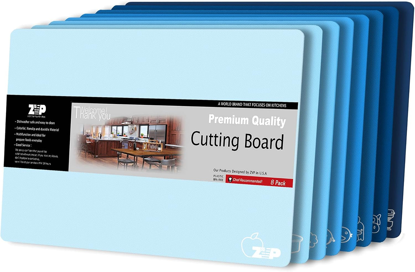 ZVP Plastic Cutting Boards for Kitchen, Flexible Cutting Mats, Colorful Chopping Boards with Food Icon, Non-Slip, Non Porous, BPA Free, Dishwasher Safe Rainbow
