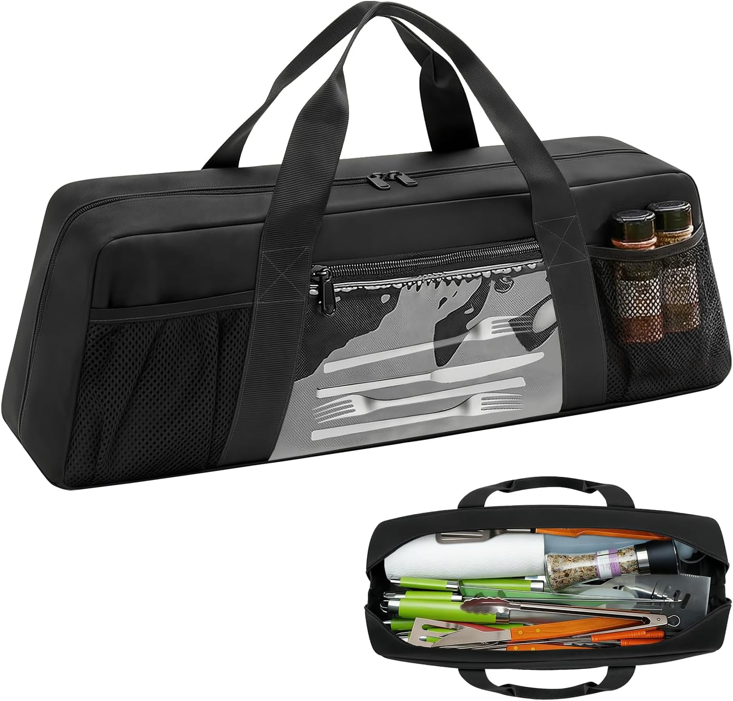 Grill Tool Storage Bag for BBQ Utensils up to 22" – Large BBQ Utensil Organizer with Pockets, Portable Barbecue Accessories Carrying Case for Camping, Outdoor Cooking (Bag Only, Black)