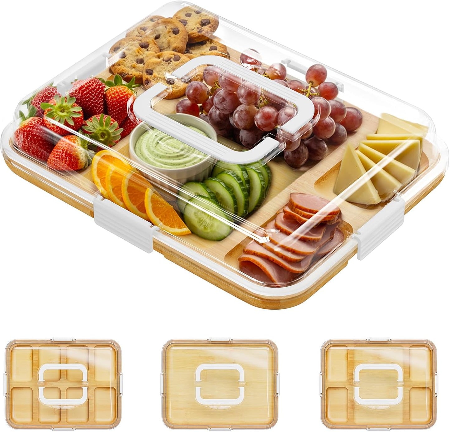 SpaceAid Charcuterie Board with Clear Lid, Portable Travel Cheese Cutting Boards for Picnic Accessories, Bamboo Serving Tray with Lids, House Warming Gifts, Black Handles, 8 Compartments