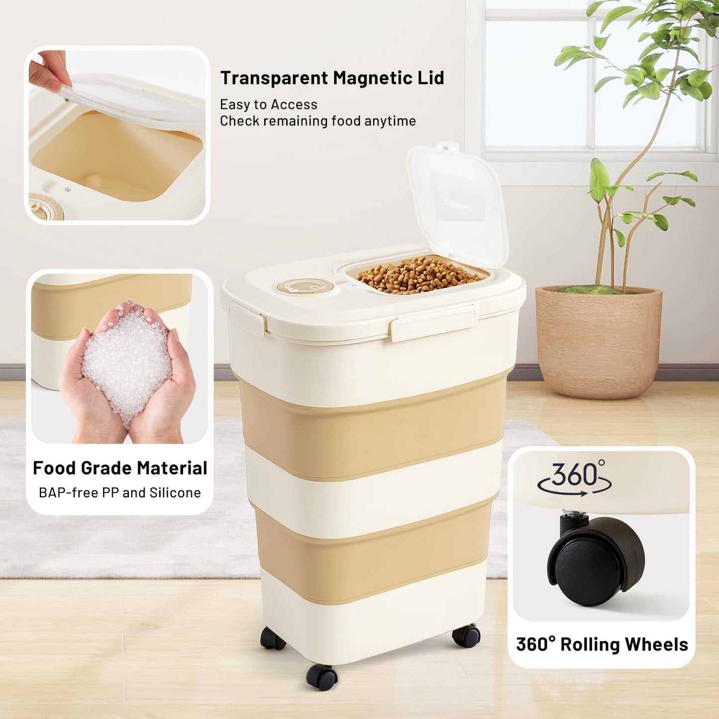 ZOMISIA 40-50lbs Dog Food Storage Container, Large Capacity Collapsible Airtight Pet Food Storage Containers with Rolling Wheels, Transparent Lid, Scoop and Date Track, Brown