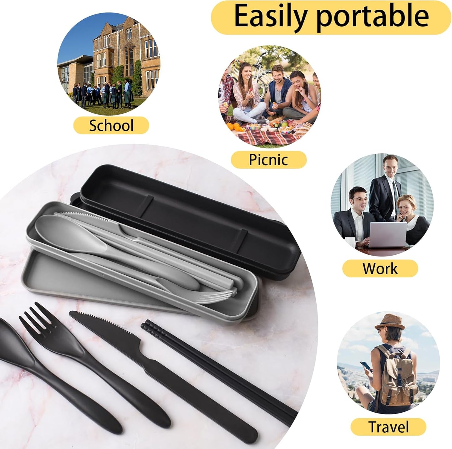 Large Plastic Reusable Utensils Set with Case, Travel Chopsticks Fork Spoon Knife Set for Lunch Box, Portable Cutlery Sets for Travel Camping Daily Use (2 Sets), Blue, Green