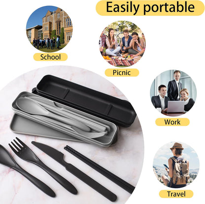 Large Plastic Reusable Utensils Set with Case, Travel Chopsticks Fork Spoon Knife Set for Lunch Box, Portable Cutlery Sets for Travel Camping Daily Use (2 Sets), Blue, Green