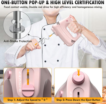 GUALIU Electric Hand Mixer, 304*(2* Beaters, 2* Dough Hooks), (1* Storage Bag) Handheld Mixer for Baking Cakes, Eggs, Cream Food Mixers, Turbo Boost /5 Speed Kitchen Blender PINK