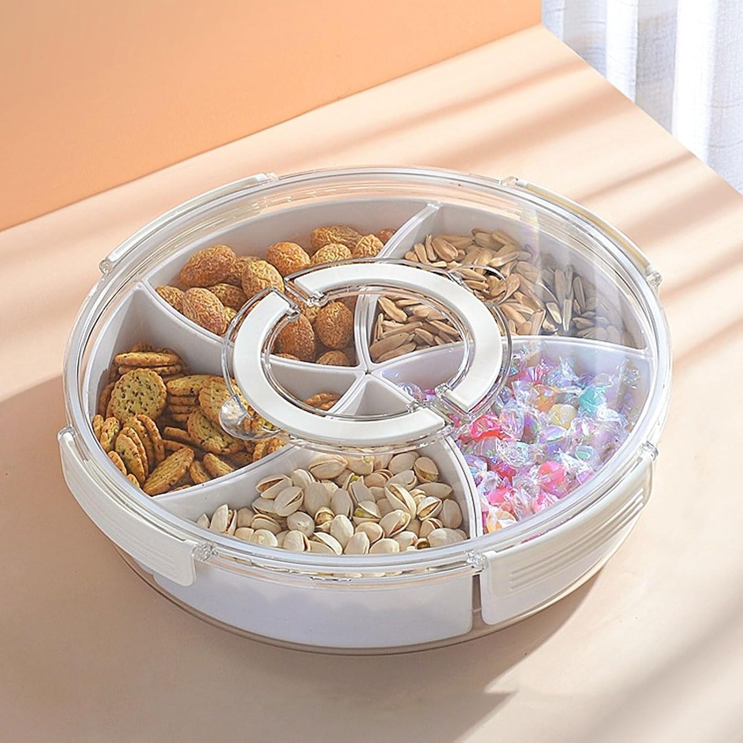 5 Grid Round Rotating Snack Box, Divided Food Storage Container With Lid & Handle, Multi - compartment Serving Tray for Fruit Nut Candy Snack Party Household Use (White)