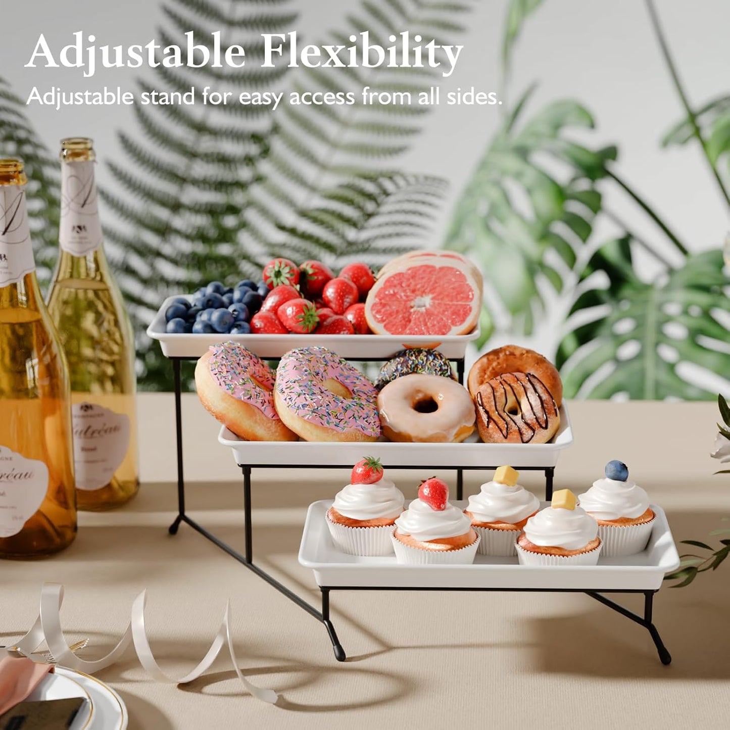 3-Tier Melamine Serving Tray Set, 11.5" x 5.6" Platters for Serving Food, Black Reusable Trays with Black Metal Display Stand for Cupcakes, Sevring Food, Dessert, Fruit, Cookie, Gold