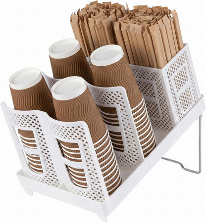 Detachable Paper Cup and Lid Holder, 6 Slots Disposable Cup Dispenser with Straw Organizer, Countertop Organizer for Coffee Station Bar Restaurant Office Breakroom (White)