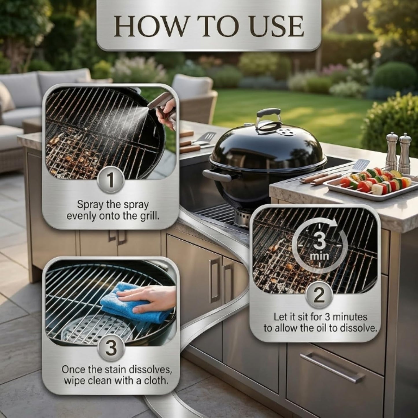 Fast-Acting Heavy-Duty Grill Degreaser Spray, BBQ Grill Cleaner Spray for Smoky Stains, Removes Grease & Carbon, 120ML for Outdoor Grills, Kitchen Grates and Racks, Electric Smokers (3Pc)