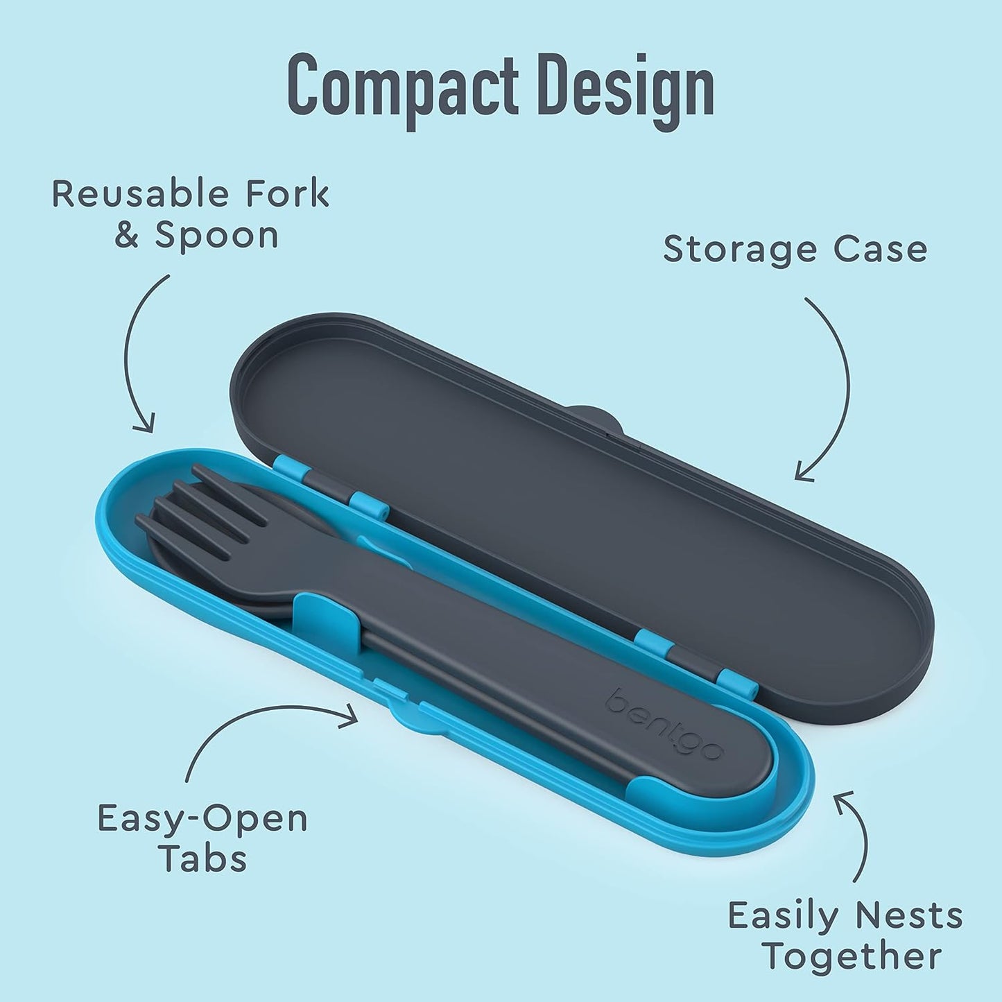 Bentgo Kids Utensil Set - Reusable Plastic Fork, Spoon & Storage Case - BPA-Free Materials, Easy-Grip Handles, Dishwasher Safe - Ideal for School Lunch, Travel, & Outdoors (Shark)