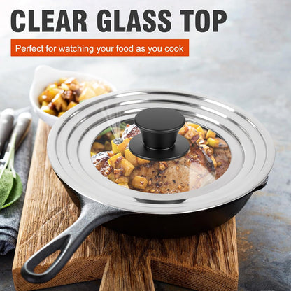 Universal Lids with Tempered Glass Top Fits 6, 7, 8 & 8.2, 9, 10, 11, 12, 12.5 Inch Cookware, Replacement Frying Pan Cover for Pots, Pans and Skillets, Cast Iron Lids for Space Saving