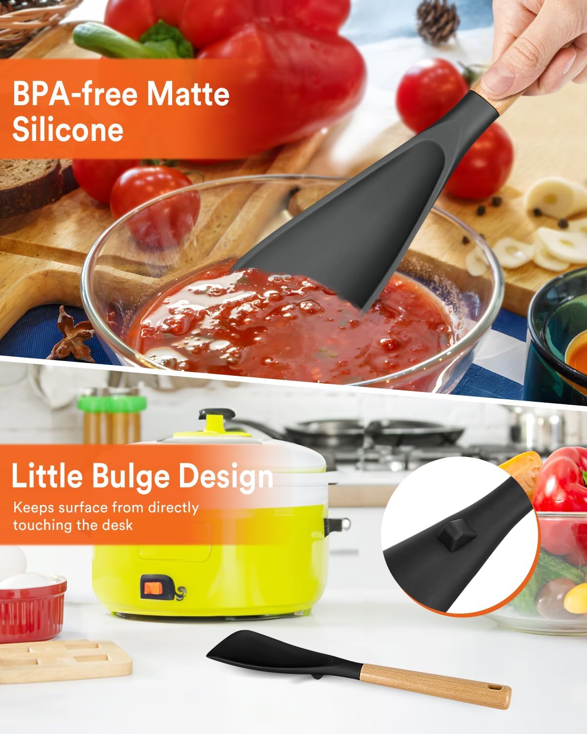 Cooking Spoon for Nonstick Cookwares, Great for Cooking and Serving Sturdy BPA-Free Matte Silicone, Wood Handle Spoon for Mixing, Scoop, and Scrape (Black & Grey, 11.4 inch)