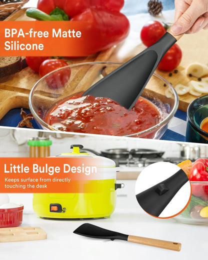 Cooking Spoon for Nonstick Cookwares, Great for Cooking and Serving Sturdy BPA-Free Matte Silicone, Wood Handle Spoon for Mixing, Scoop, and Scrape (Black & Grey, 11.4 inch)