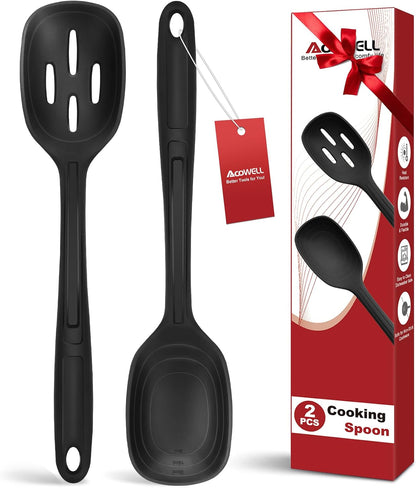 2 Pack Large Silicone Cooking Spoon with Measuring Mark, Premium Non-Stick Solid and Slotted Serving Spoons Set, Heat Resistant Kitchen Utensils for Mixing, Stirring, Scooping, Scraping