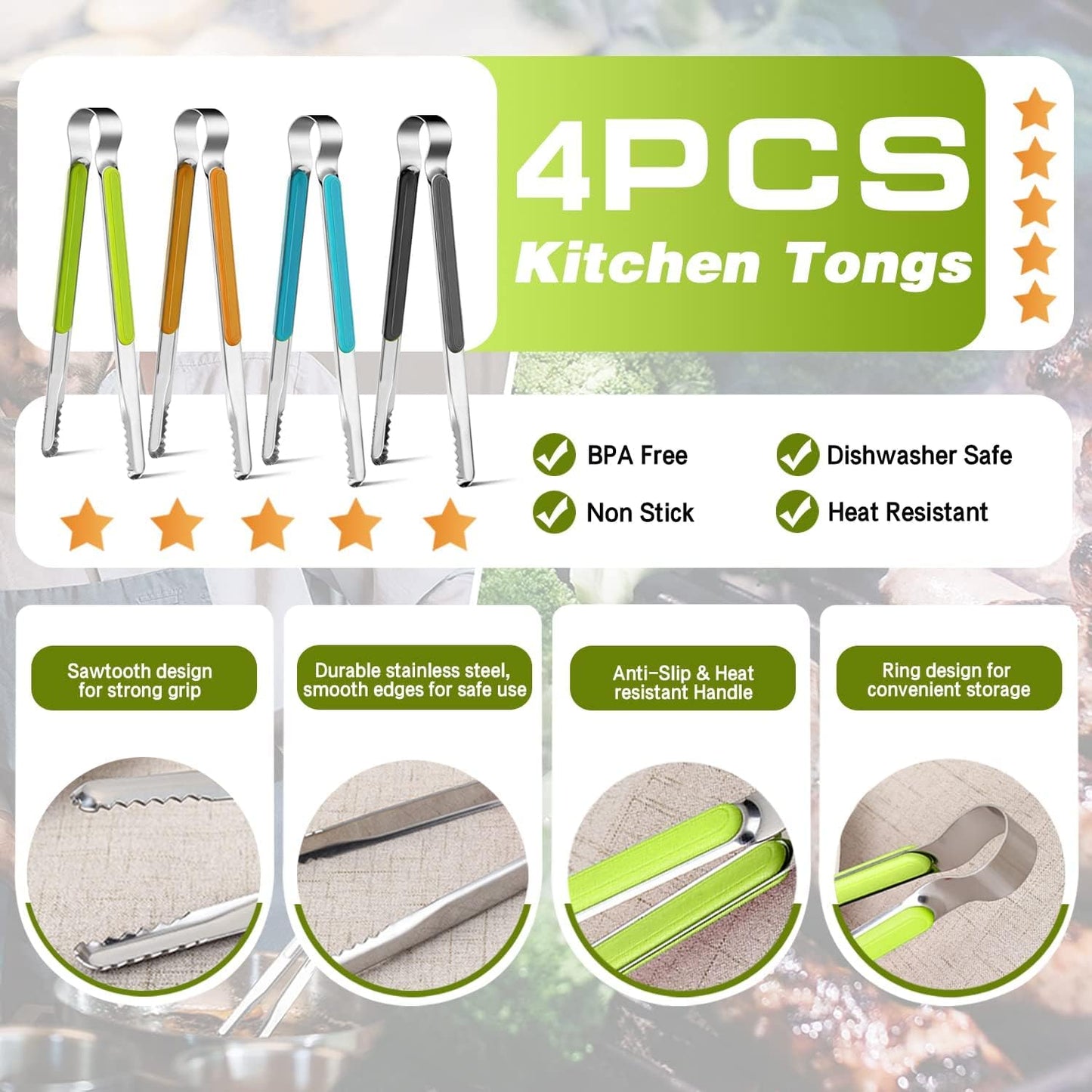 4Pcs Stainless Steel Kitchen Tongs for Cooking - 10" Metal Food Tongs With Non-Slip Comfort Grip, Non-Stick, High Heat Resistant for BBQ, Grilling and Serving