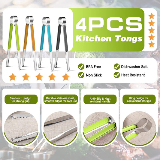 4Pcs Stainless Steel Kitchen Tongs for Cooking - 10" Metal Food Tongs With Non-Slip Comfort Grip, Non-Stick, High Heat Resistant for BBQ, Grilling and Serving