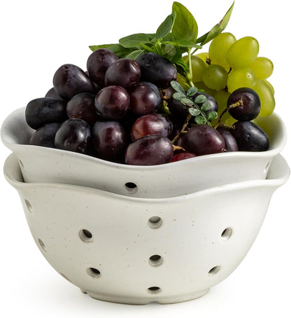 Gomakren Berry Bowls with Holes Ceramic, Berry Washing Bowl Basket Set of 2, 5.8 Inch Round Fruit Bowl Storage Containers, Strawberry Baskets, Farmhouse Kitchen Decor, Yellow + Brown