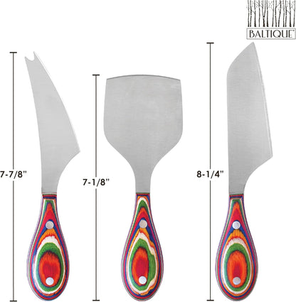 Totally Bamboo Baltique Marrakesh Collection 3-Piece Cheese Knife Set, Stainless Steel Cheese Knives with Colorful Wooden Handles for Charcuterie Boards