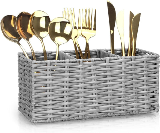 Ayiaren Grey Plastic Cutlery Silverware Holder Small Utensil Organizer Holders for Kitchen Counter Party Flatware Caddy Table Silverware Organizer Basket Spoon Knife Fork Holder Picnic Utensil Caddy