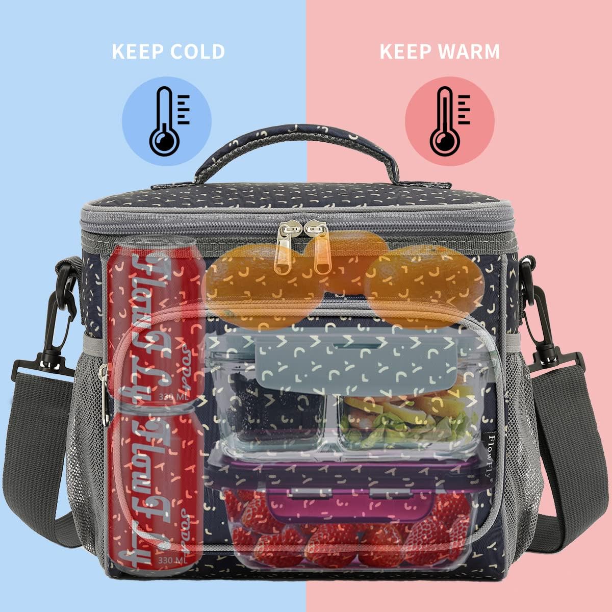 FlowFly Insulated Reusable Lunch Bag Adult Large Lunch Box for Women and Men with Adjustable Shoulder Strap,Front Zipper Pocket and Dual Large Mesh Side Pockets,Cherry - Colors A