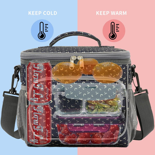 FlowFly Insulated Reusable Lunch Bag Adult Large Lunch Box for Women and Men with Adjustable Shoulder Strap,Front Zipper Pocket and Dual Large Mesh Side Pockets,Cherry - Colors A