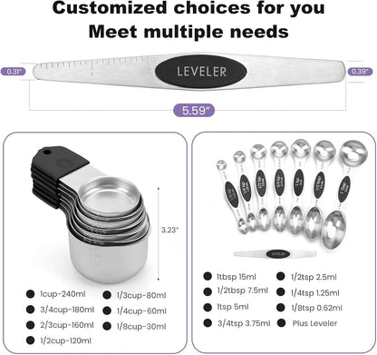 Magnetic Measuring Cups and Spoons Set, N52 Magnetic spoons Nesting Design, 304 Stainless Steel measuring cups, BPA Free, Dual-sided Design Set of 15 with Leveler for Dry & Liquid Ingredients Black