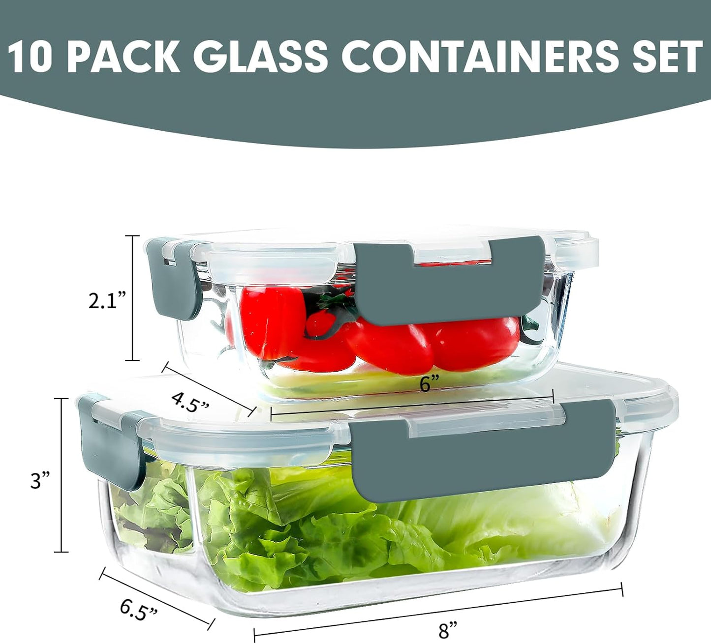 VERONES 10Pack Glass Meal Prep Containers, Airtight Glass Lunch Containers,Stackable Glass Food Storage Containers Set with Lids,Exclusive of BPA, for Microwave,Oven, Freezer&Dishwasher Friendly,Green