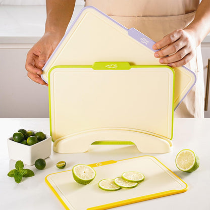 Plastic Cutting Boards for Kitchen, 4-Pieces Cutting Board With Food Icons And Storage Stand, Easy Grip Handle, Professional Chopping Board Set for Meat, Veggies, Fruits（12.9"X 9.4" X 3.1")
