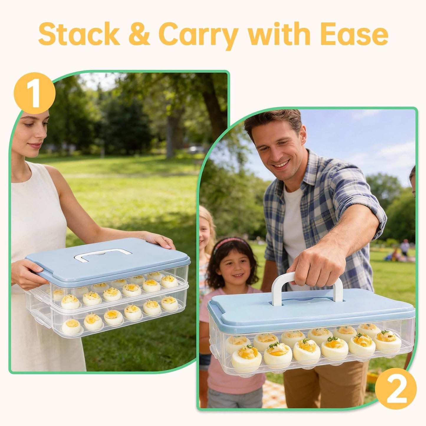 2 Pack Deviled Egg Containers with Lid, Stackable Deviled Egg Holder with Slots for 48 Eggs, Portable Clear Plastic Eggs Carrier with Handle, Perfect for Fridge Storage, Parties, Picnics, and Travel