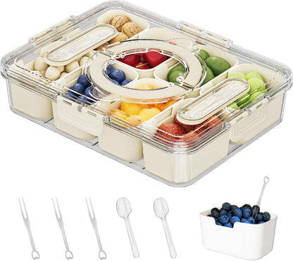 Large Divided Serving Tray with lid and handle Travel snack container Portable snackle box container for fruit, Party, Picnic -10 compartment with 3 forks and 2 spoons