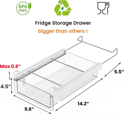vacane Fridge Organizer Drawer, Clear Plastic Fridge Organizer Bins, Add on Refrigerator Drawer,Fridge Storage Container Under Shelf Holder for Fruit, Vegetable, Meat, Cheese, Easy to Install-M