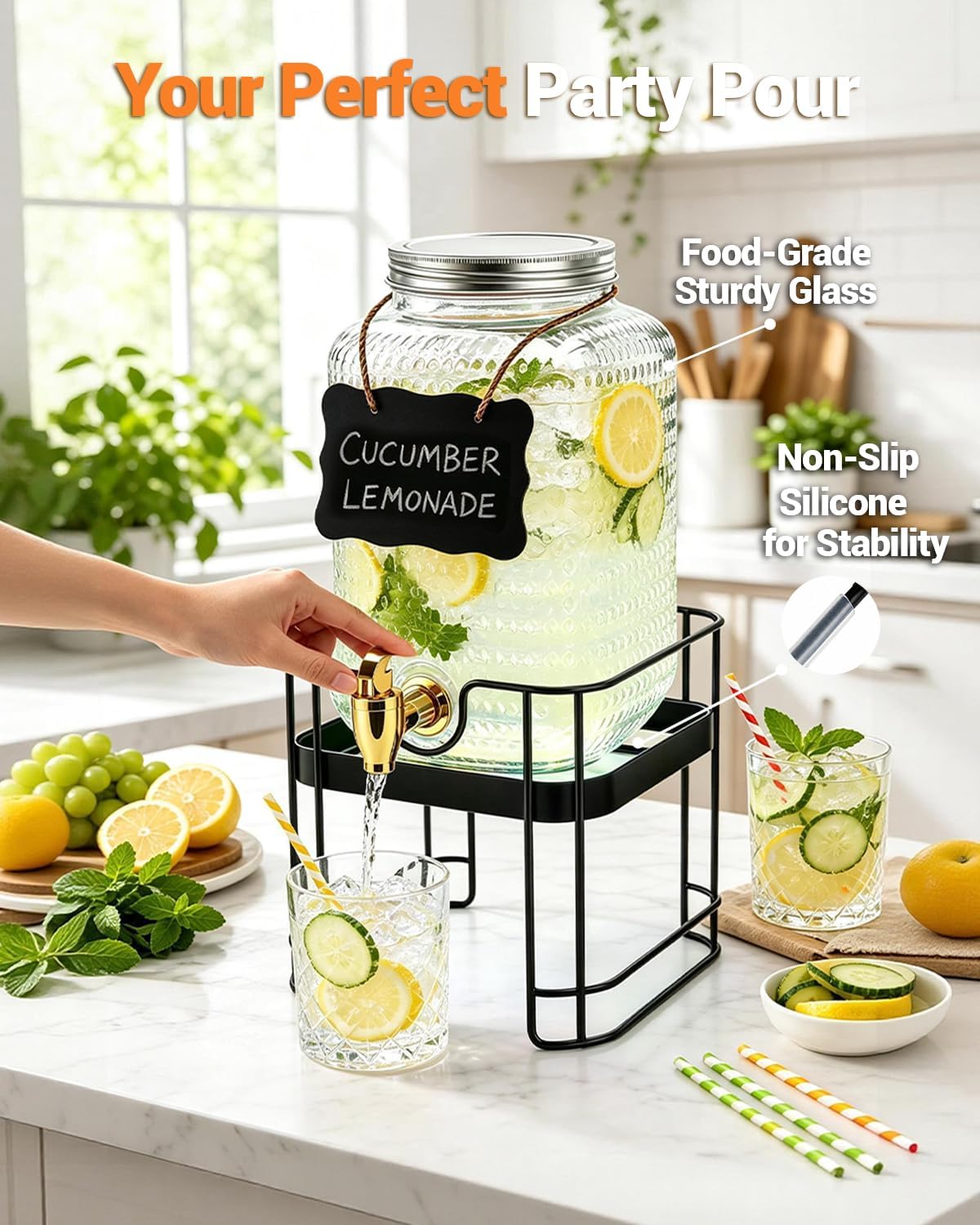 PAROTO Glass Drink Dispensers for Parties, 2 Pack 1 Gallon Each Beverage Dispenser with Stand and LED Strip Light, Juice Lemonade Water Dispenser with Spigot for Wedding, Bar, Picnic, BBQ, Buffet