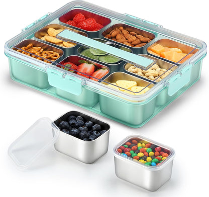 Snackle Box Container, Stainless Steel Snack Containers for Adults, 9 Compartments Divided Serving Tray with Lids and Handle, Portable Snack Platter for Parties, Grey