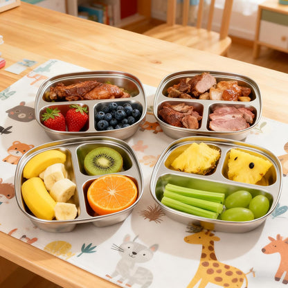 4 Pack Food Storage Containers Plates,Stainless Steel with lids containers,Portion Control Plate, Metal Lunch Tray Dishes,For Meal Prep,Fruit,Snack