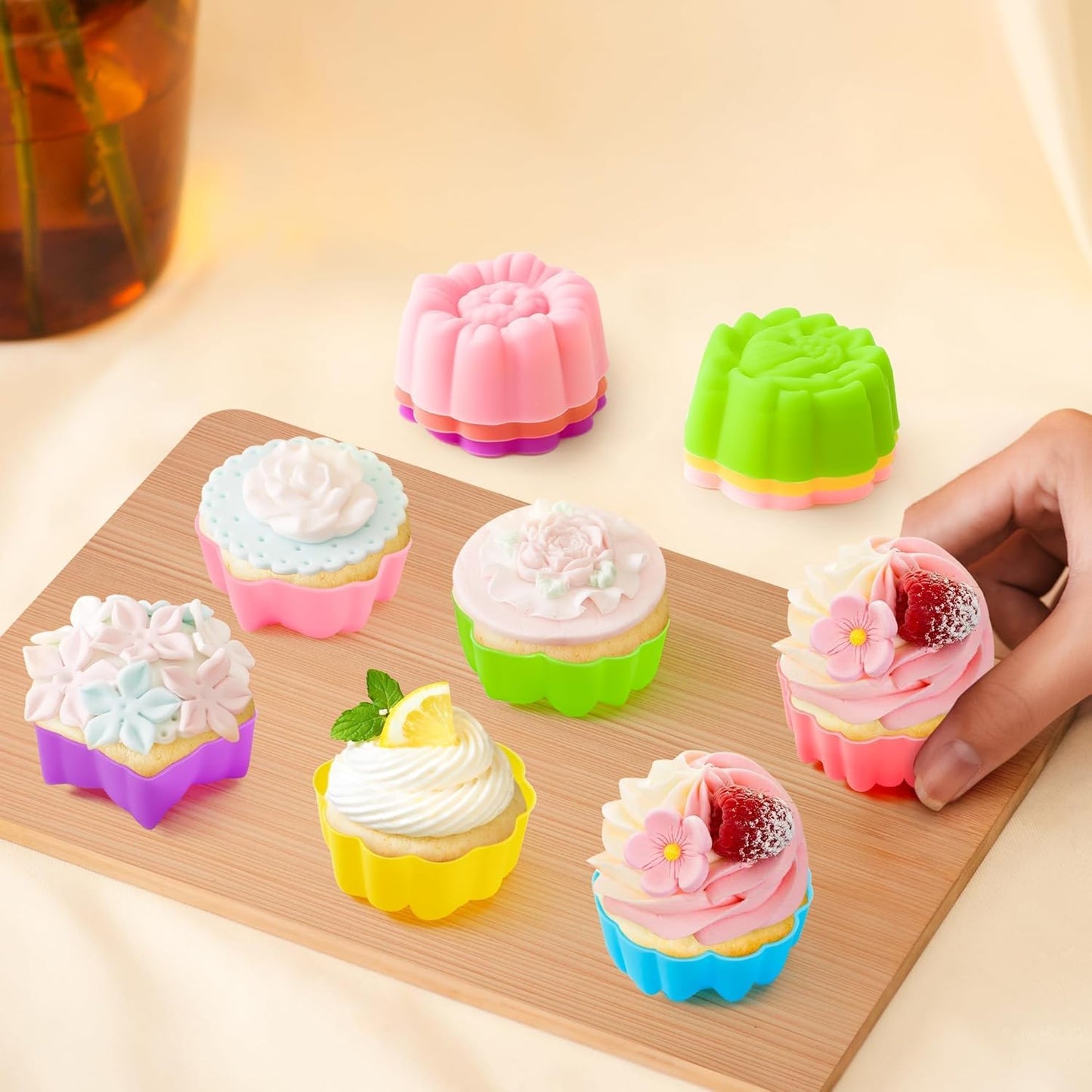 R HORSE 42Pcs Silicone Molds Cupcake 2 Inch Mini Size Reusable Muffins Liners Washable Non-Stick Donut Wrapper Mold Flower Shapes Baking Cups for Pan Oven Microwave Dishwasher