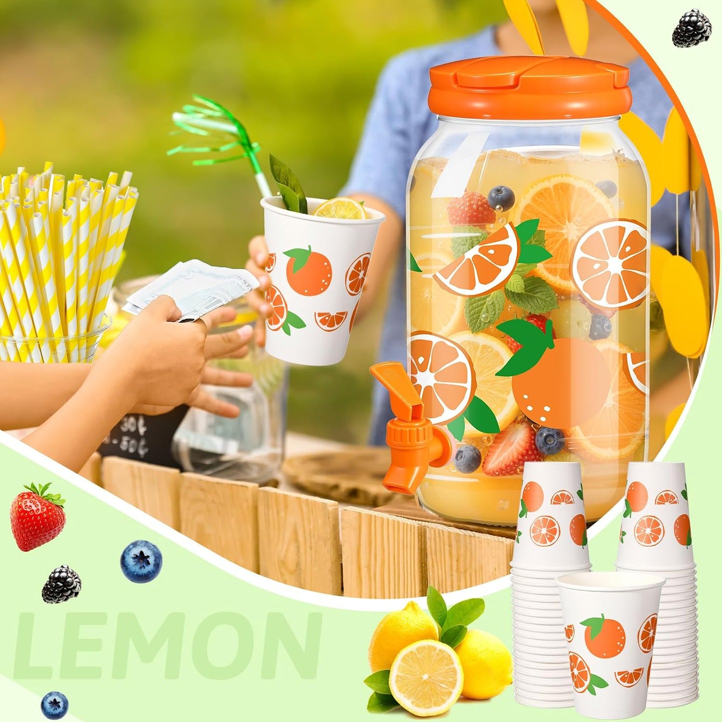 Umigy Tree Clear Plastic Drink Dispenser with 20 Pcs 12 oz Tropical Paper Cups 1 Gallon Kitchen Fridge Beverage Dispenser Plastic Water Dispenser with Spigot for Juice Tea Beer(Orange)