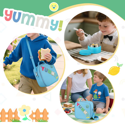 Bento Lunch Box with 10oz Soup Thermo for Kids Insulated Lunch Bag & Foldable Silicone Cup Food Leak Proof Food Container with 5 Compartment for Kid to Shool Travel