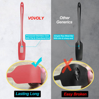 VOVOLY Silicone Jar Spatulas, Long Handle Jar Spatulas, 600ºF Heat Resistant Small Spatula, Seamless Design, Stainless Steel Core, BPA Free Spoonula (3, Mixed)