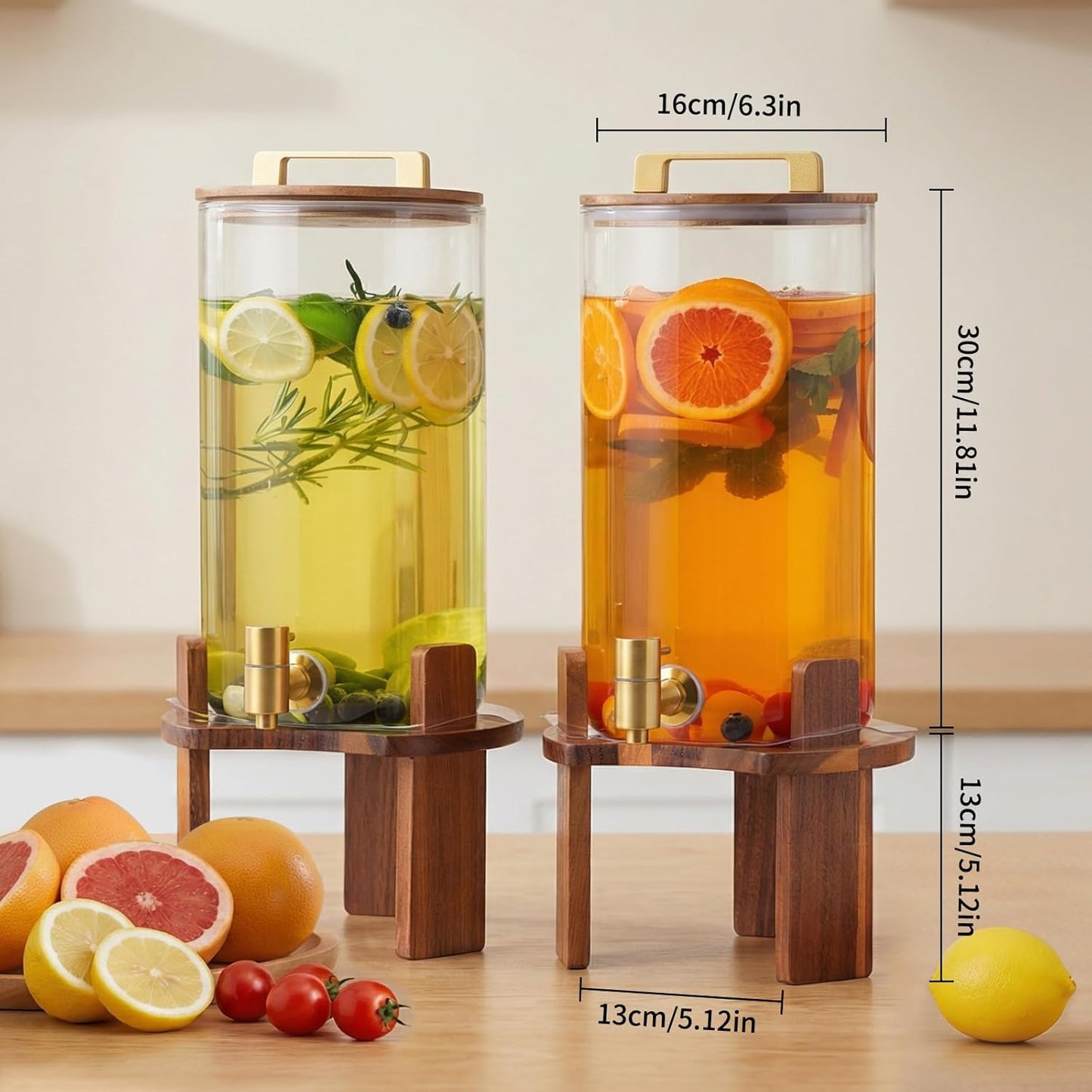2 PCS 1.5 Gallon Glass Drink Dispenser, Beverage Dispenser With Wood Stand, Lid and Stainless Steel Spigot, Large Water Dispenser for Parties, Perfect for Lemonade, Juice, Tea and Daily Drinks