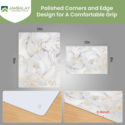 JAMBALAY Tempered Glass Cutting Boards for Kitchen, Gold 12"x8" & 16"x12" Glass Cutting Board Set with Marble Design, With Non Slip Foot, Shatter and Heat Resistant, Dishwasher Safe