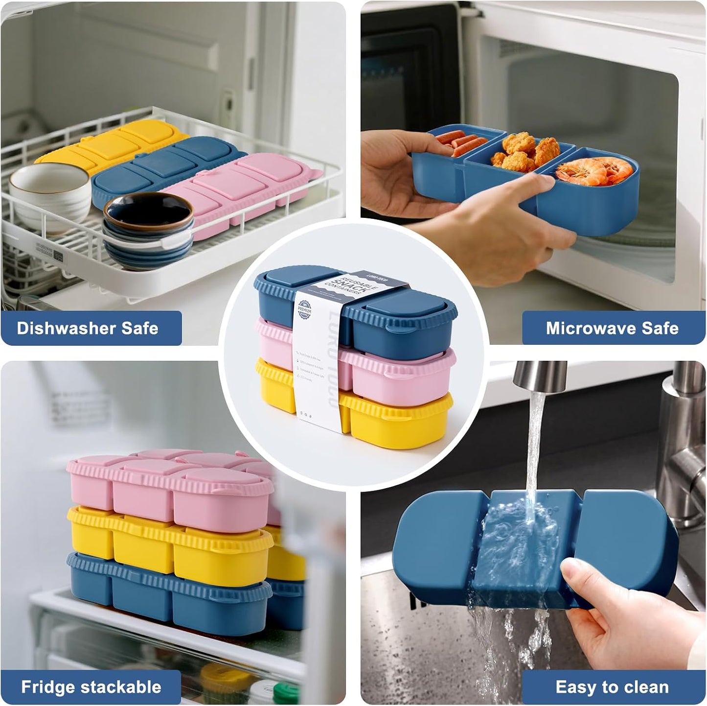 Silicone Reusable Snack Containers with Lids, 4 Pack 3 Compartment Bento Snack Boxes, Leakproof Food Storage Containers for Meal Prep, Lunch, Fruits, Kids & Adults, Dishwasher Safe