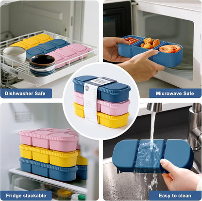 Silicone Reusable Snack Containers with Lids, 4 Pack 3 Compartment Bento Snack Boxes, Leakproof Food Storage Containers for Meal Prep, Lunch, Fruits, Kids & Adults, Dishwasher Safe