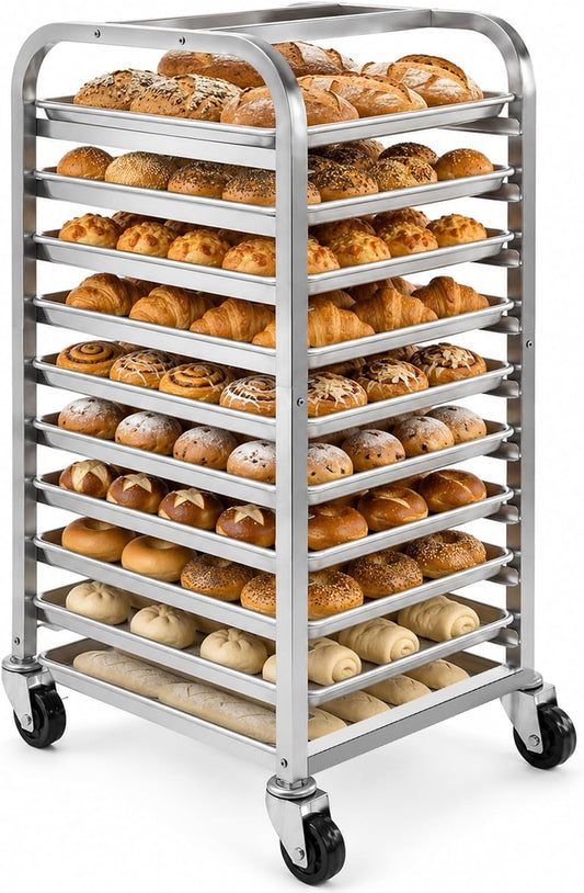 10-Tier Bun Pan Rack with Wheels for Home Use | 1/2 & 1/4 Sheet Pan|Baking Bread Cooling Rack|Speed Bun Pan Rack|Home Bakery Rolling Cart|Dough Proofing