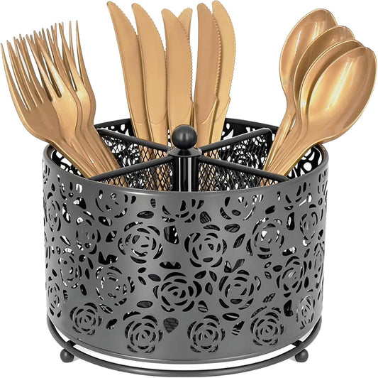 DysanVica 360° Rotating Metal Silverware Caddy - 4 Compartment Utensil Cutlery Holder Fork Spoon Napkin Organizer Flatware Storage Basket Party Countertop Buffet Picnic Camping Outdoor (White)