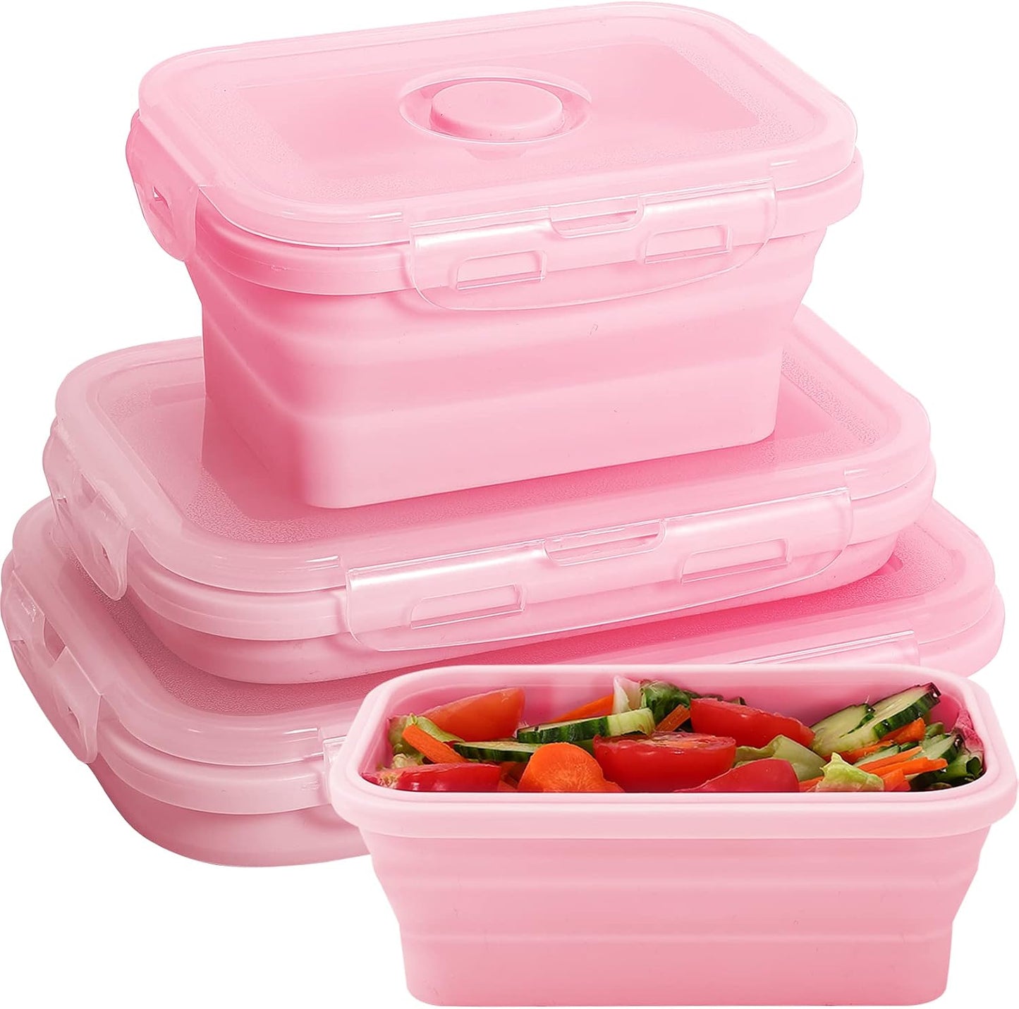 Collapsible Silicone Food Storage Containers with Lids,Set of 4 Silicone Lunch Box Containers,Foldable Meal Prep Container for Kitchen,Microwave & Dishwasher & Freezer Safe,BPA Free(Square Pink,4PCS)