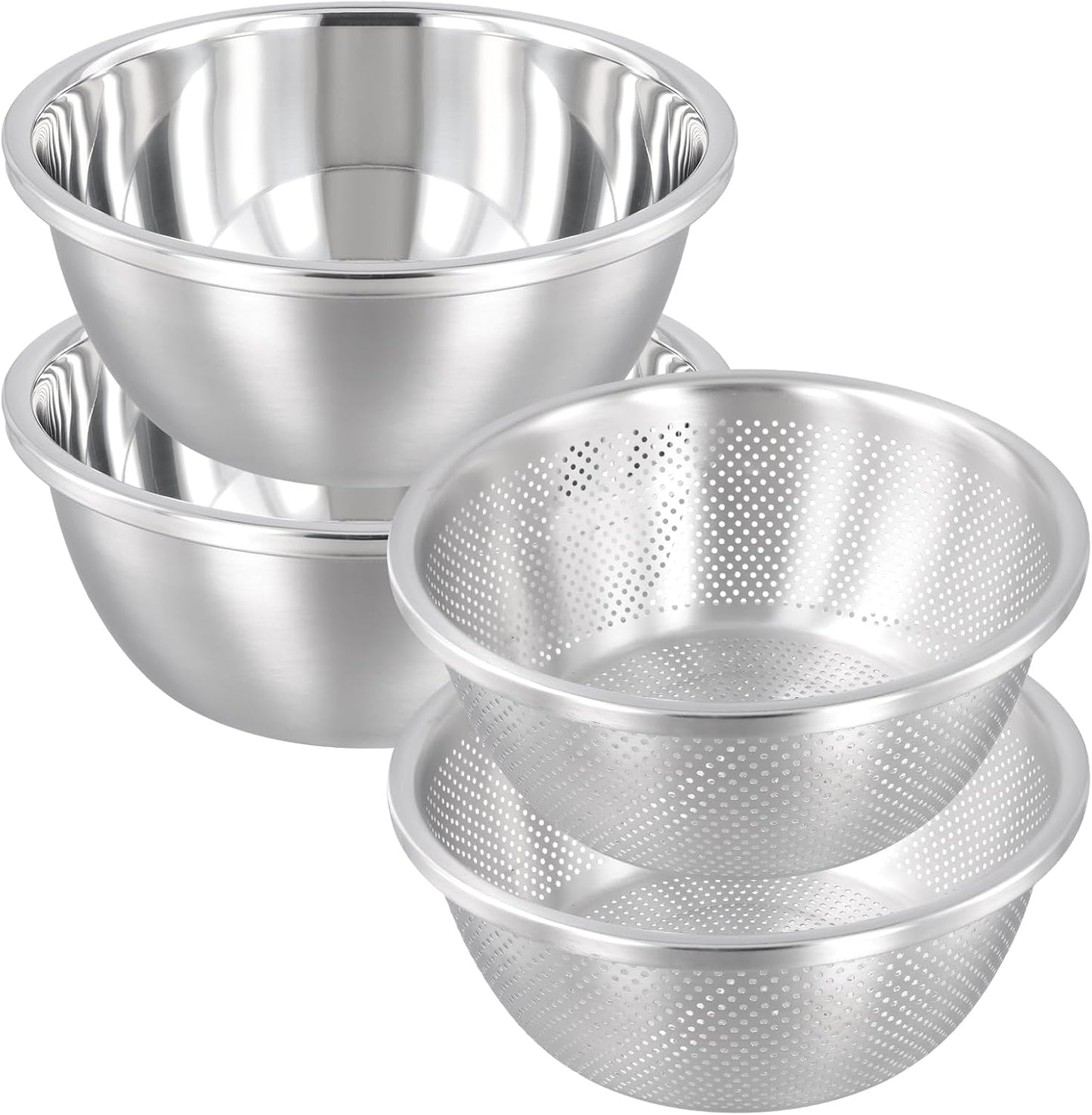 4 PCS 5QT Stainless Steel Colander Set with Mixing Bowls, Multi-Use Kitchen Strainer for Washing Vegetables Fruits Rice, Dishwasher Safe