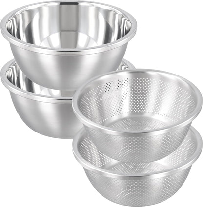 4 PCS 5QT Stainless Steel Colander Set with Mixing Bowls, Multi-Use Kitchen Strainer for Washing Vegetables Fruits Rice, Dishwasher Safe